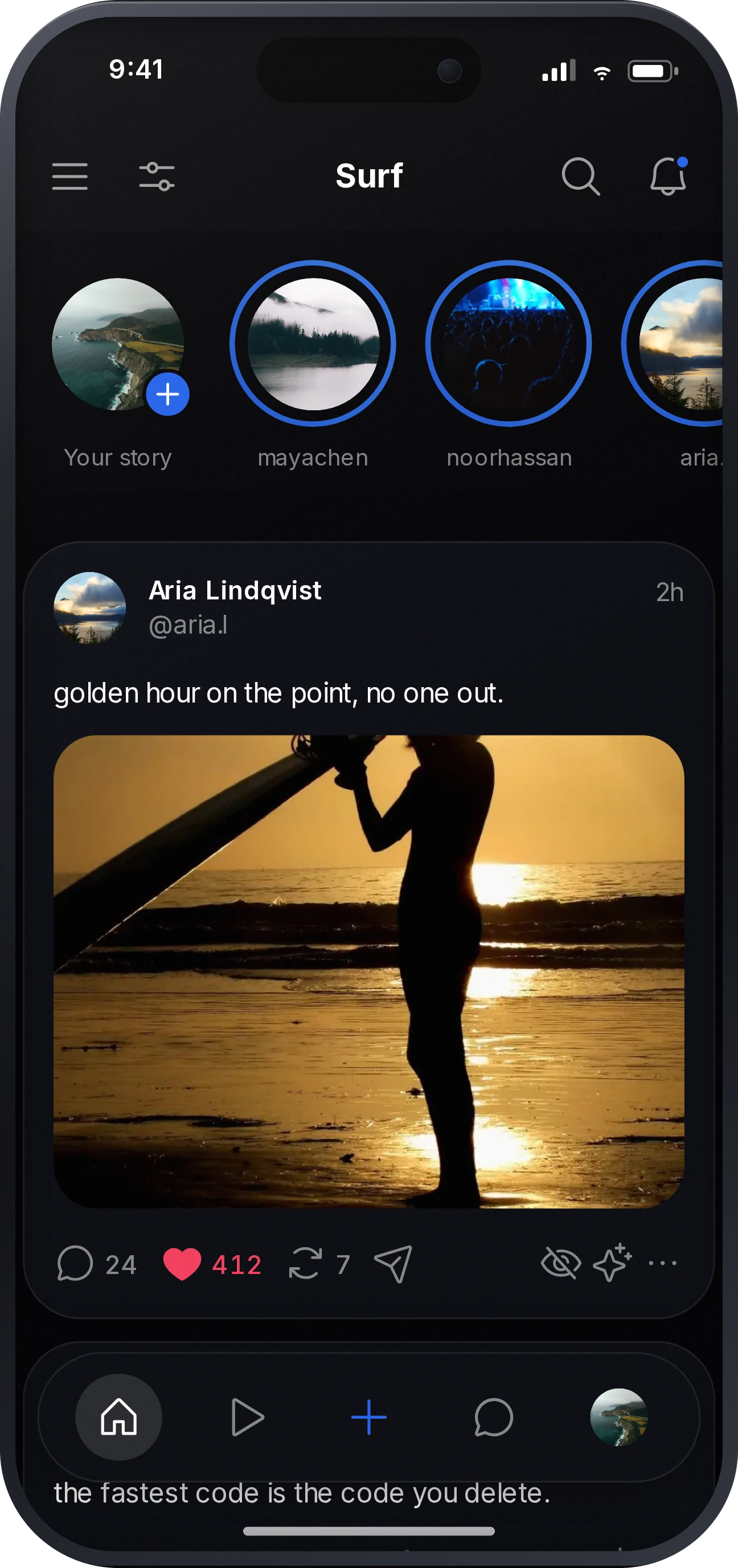 Surf's home feed on a phone, with stories and a photo post